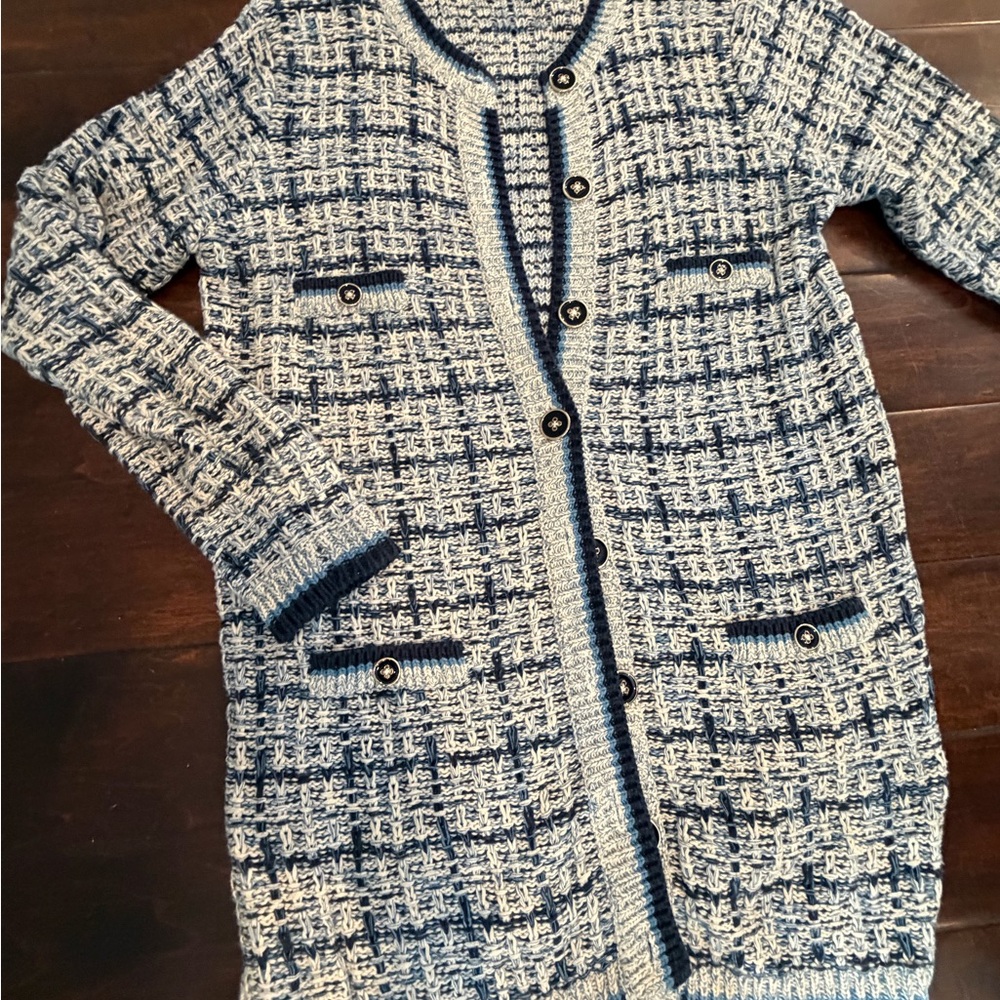 Textured Blue & White Tweed Long Cardigan Jacket
